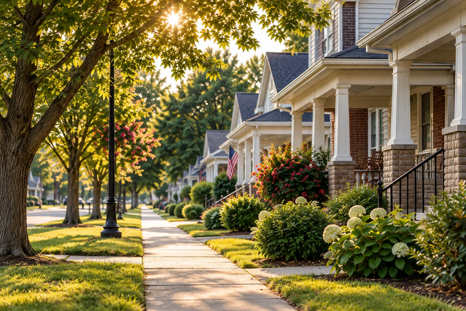 Illustrative neighborhood scene with welcoming porches, mature trees, and a sunlit sidewalk.