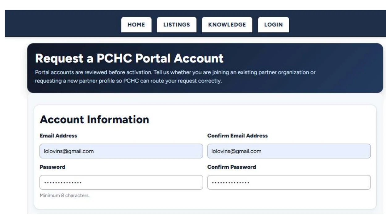 PCHC Portal account request screen showing email and password fields.