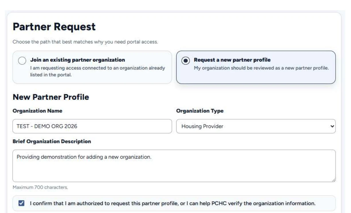 Partner Request screen with Request a new partner profile selected and new partner profile fields.