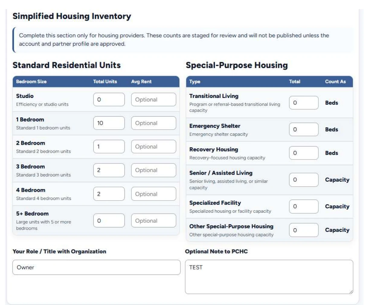 Simplified Housing Inventory screen with standard residential units and special purpose housing capacity.