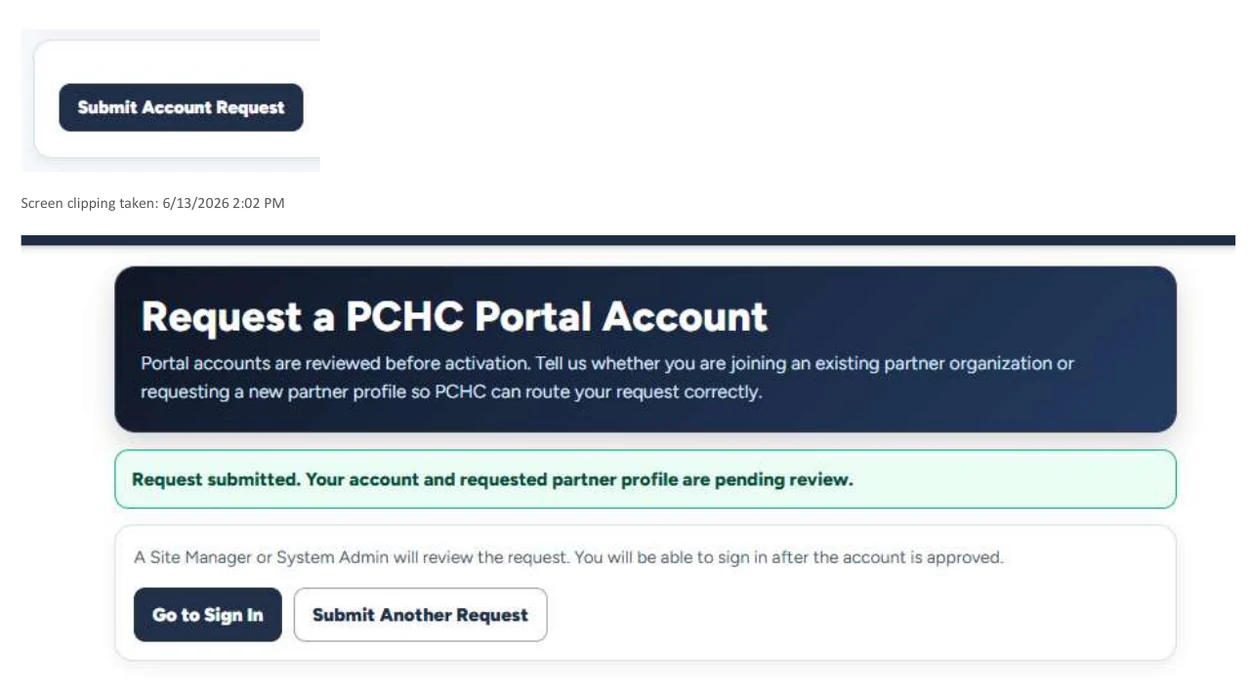 Submit Account Request button and confirmation message saying the account and requested partner profile are pending review.