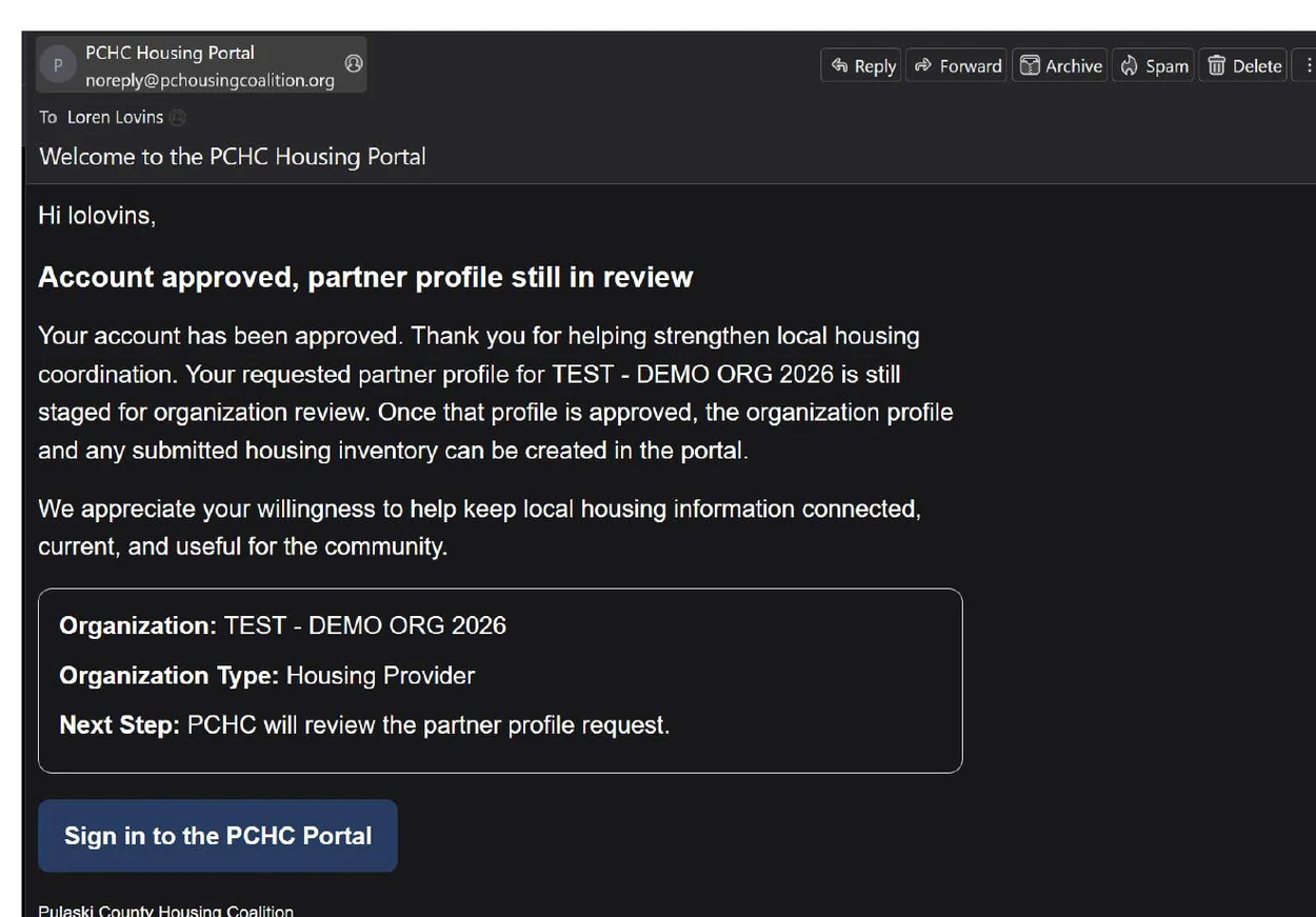Email confirmation example stating account approved, partner profile still in review, with sign in button.